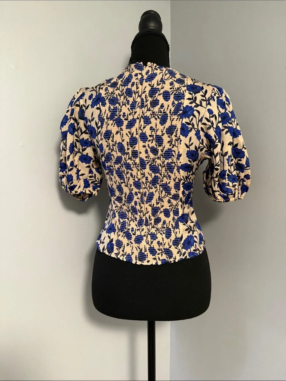 J. Crew Blue Floral Puff-Sleeve Blouse on Cream